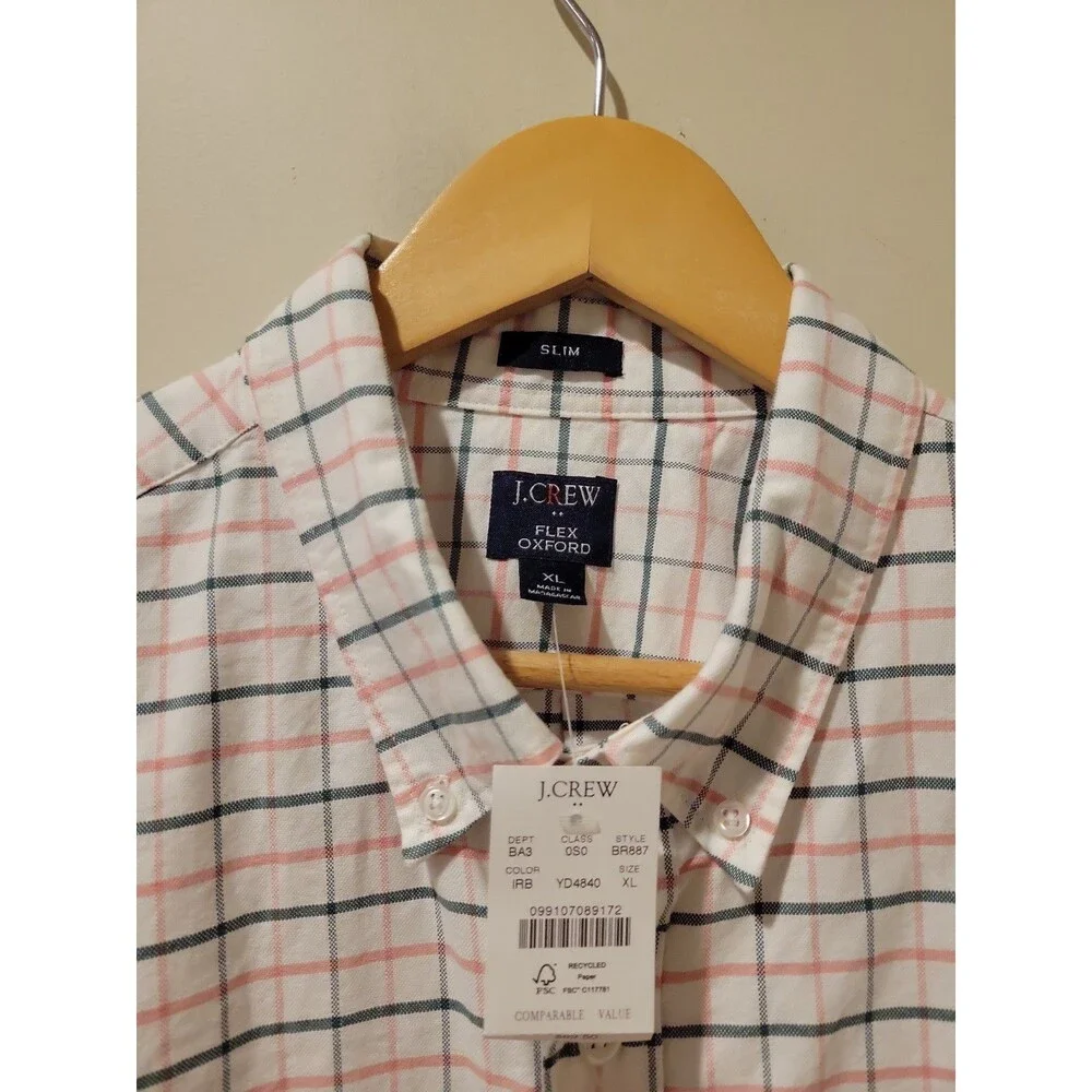 NWT J.Crew Flex Oxford Shirt Men’s XL BR887 Plaid Slim Fit Stretch Button Down